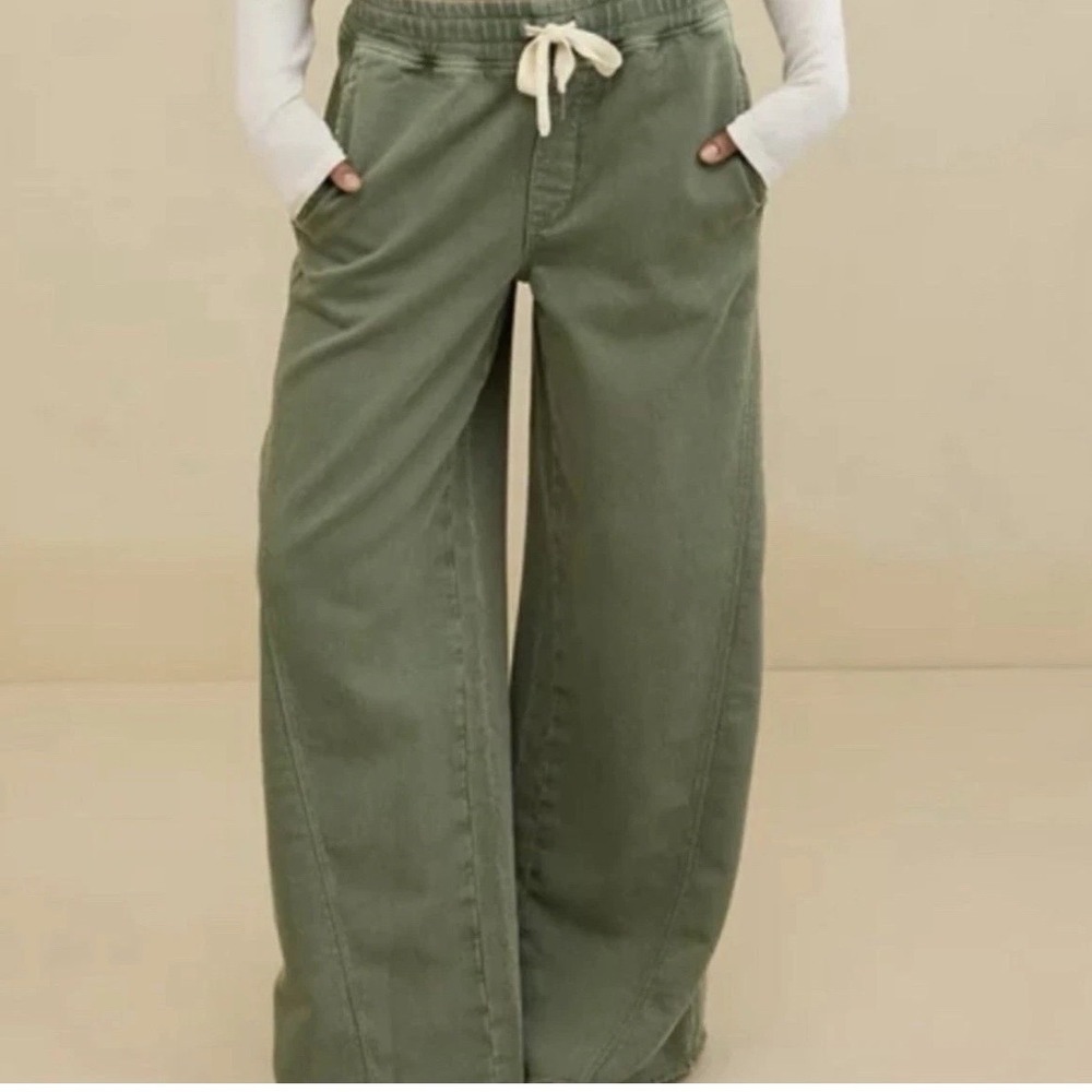 Aerie Real Me Olive Green Wide Leg Pants XL Short Drawstring Lounge